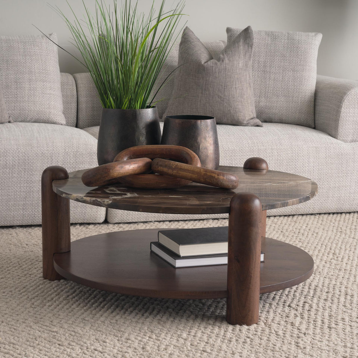Mercana Jovia Brown Mango Wood W/ Cappuccino Marble Round Coffee Table