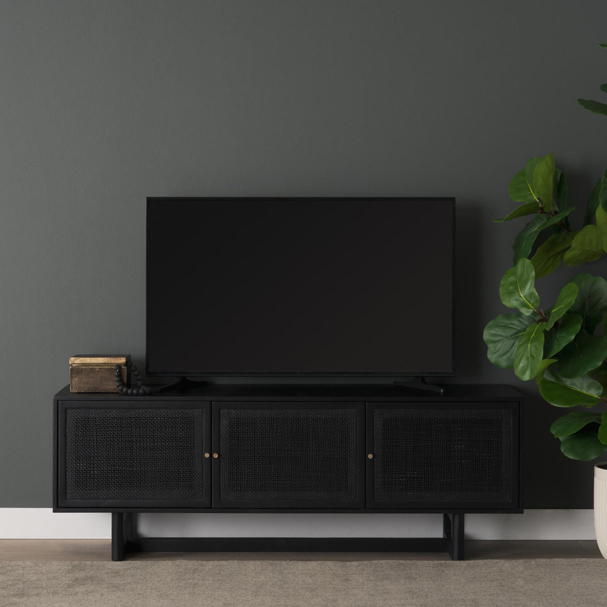 Mercana Grier 65" Black Solid Wood W/ Black Cane Media Console