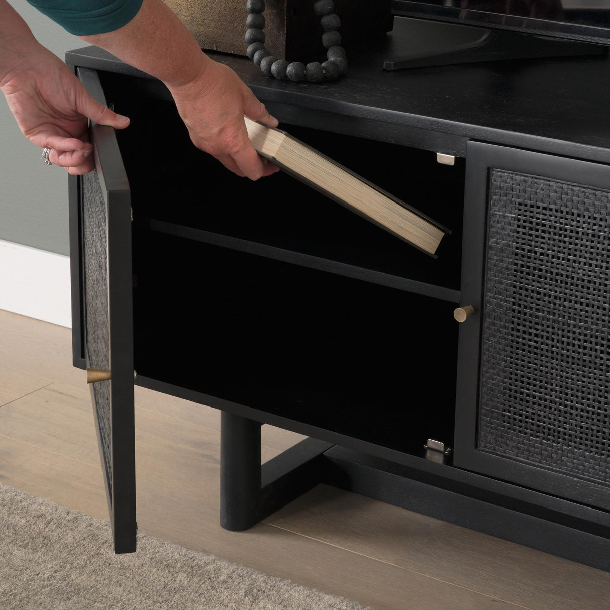 Mercana Grier 65" Black Solid Wood W/ Black Cane Media Console