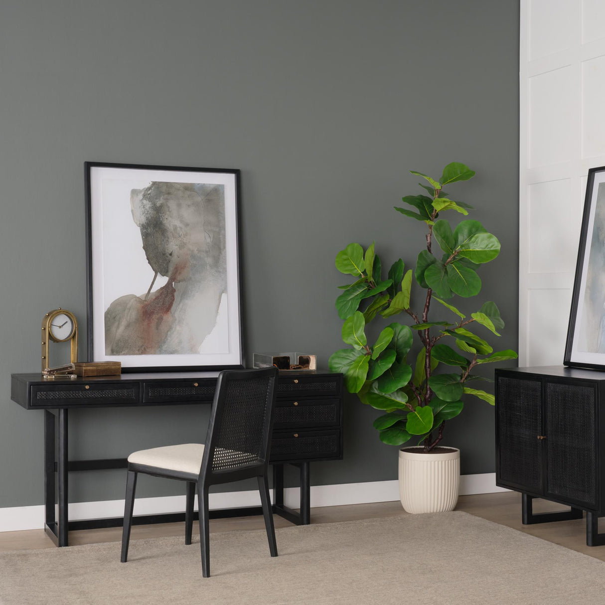 Mercana Grier 60" Black Solid Wood W/ Black Cane Office Desk