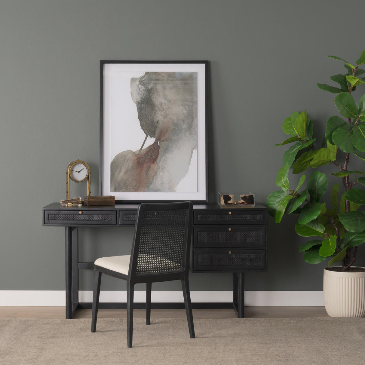 Mercana Grier 60" Black Solid Wood W/ Black Cane Office Desk