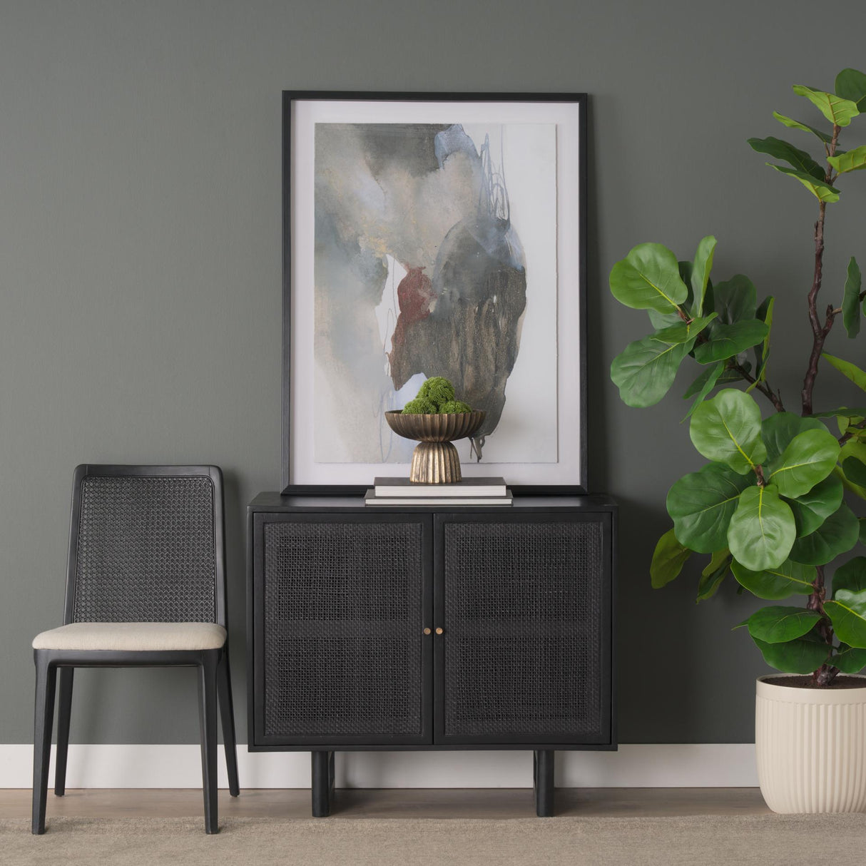 Mercana Grier Matte Black Stained Wood w/ Black Cane Accent Cabinet