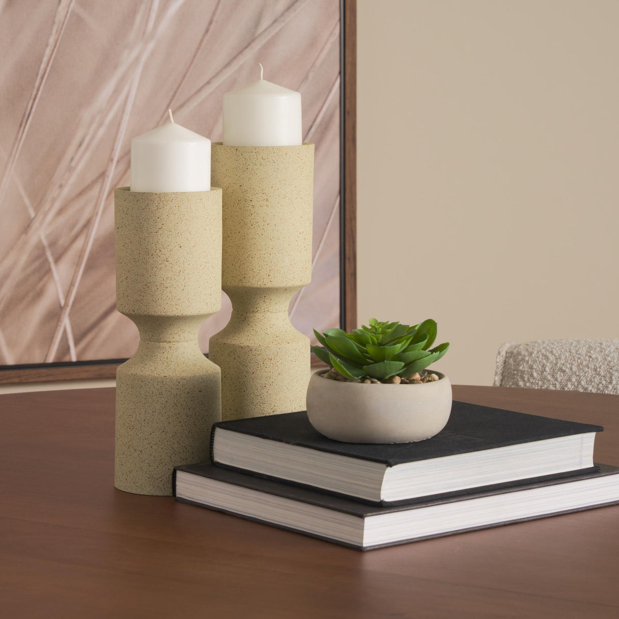 Mercana Akira Small Textured Beige Metal Pillar Candle Holder