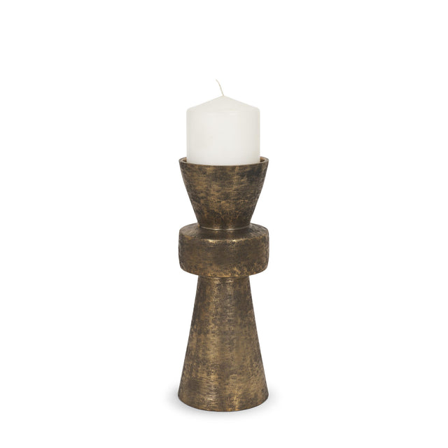 Mercana Odilia Small Textured Antiqued Gold Metal Geometric Pillar Candle Holder