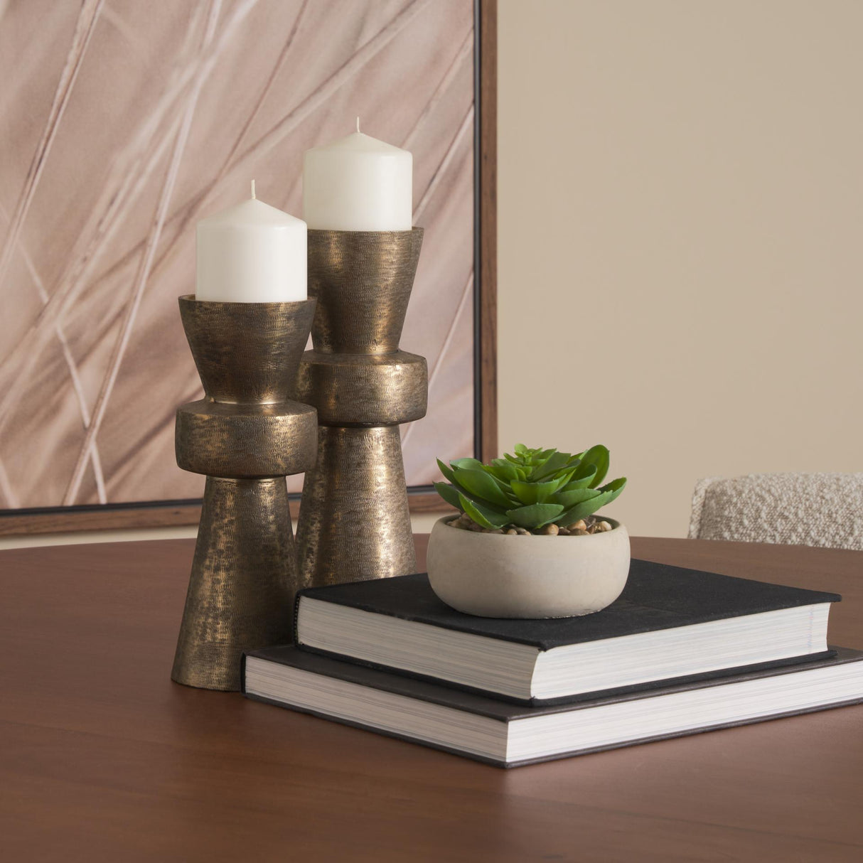 Mercana Odilia Small Textured Antiqued Gold Metal Geometric Pillar Candle Holder