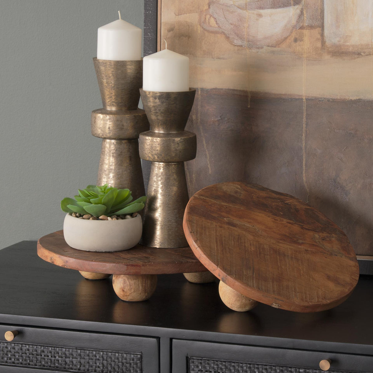 Mercana Odilia Small Textured Antiqued Gold Metal Geometric Pillar Candle Holder