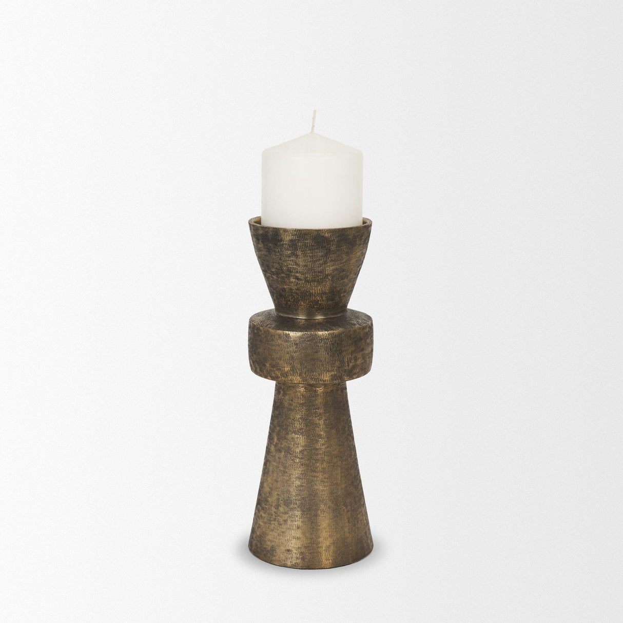 Mercana Odilia Small Textured Antiqued Gold Metal Geometric Pillar Candle Holder