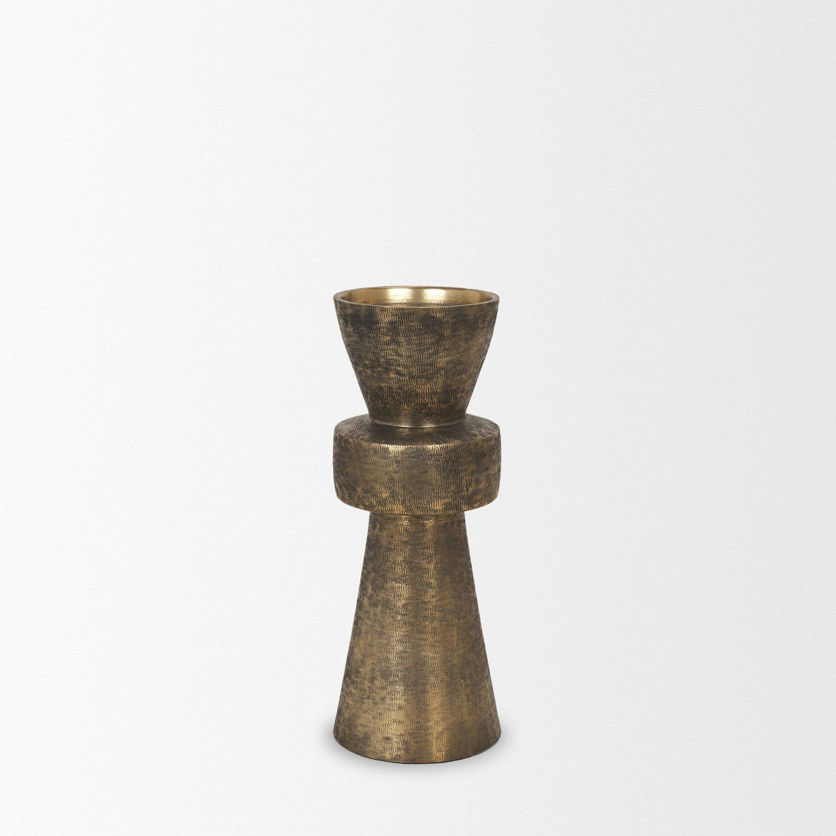 Mercana Odilia Small Textured Antiqued Gold Metal Geometric Pillar Candle Holder