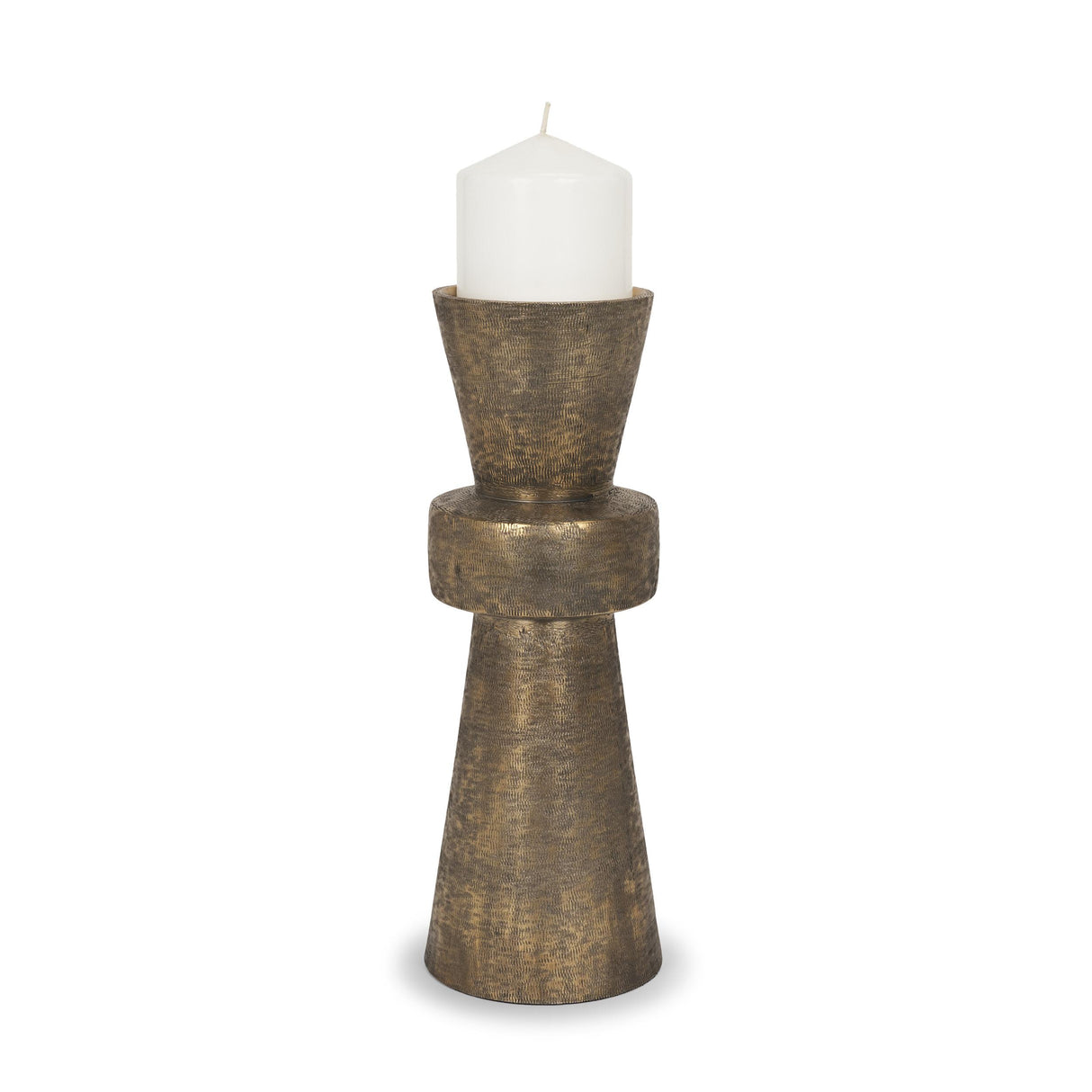 Mercana Odilia Large Textured Antiqued Gold Metal Geometric Pillar Candle Holder