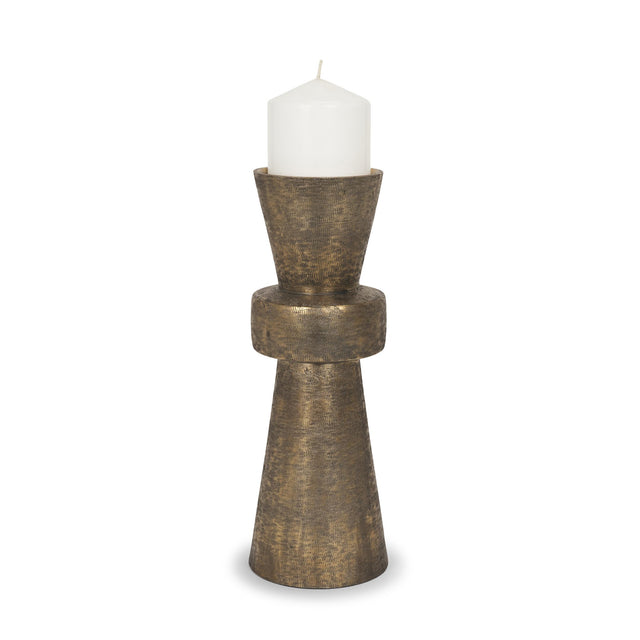 Mercana Odilia Large Textured Antiqued Gold Metal Geometric Pillar Candle Holder