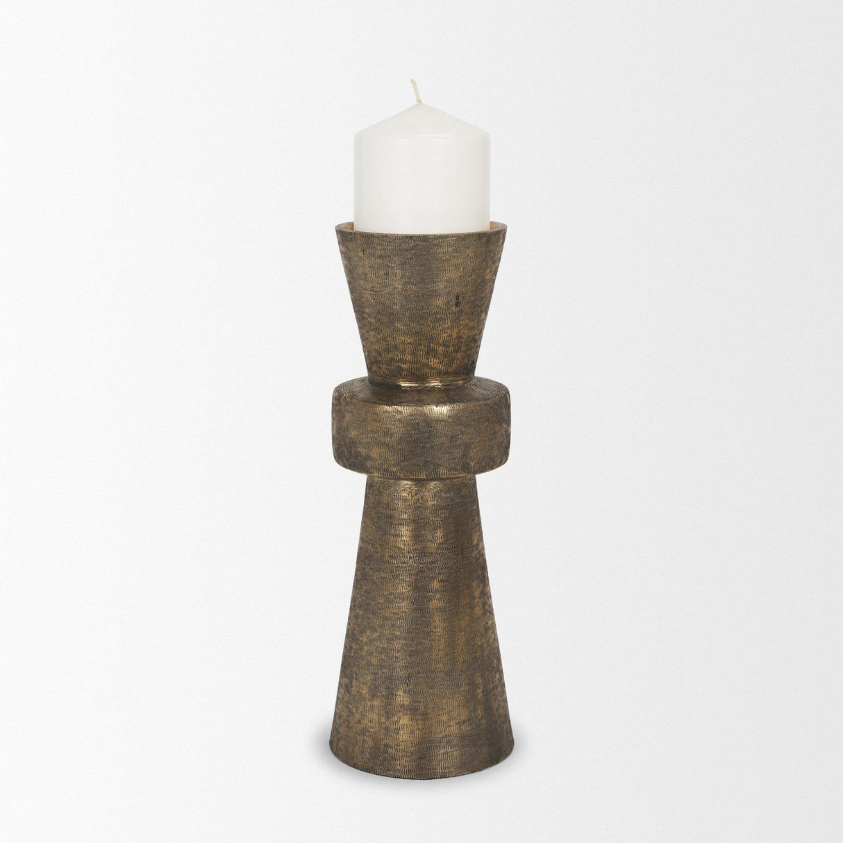 Mercana Odilia Large Textured Antiqued Gold Metal Geometric Pillar Candle Holder