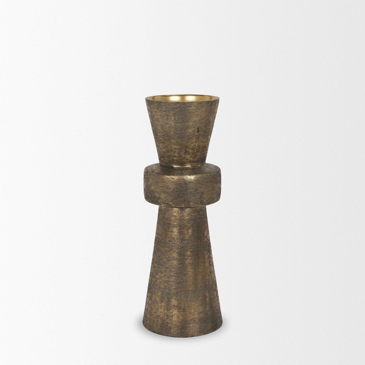 Mercana Odilia Large Textured Antiqued Gold Metal Geometric Pillar Candle Holder