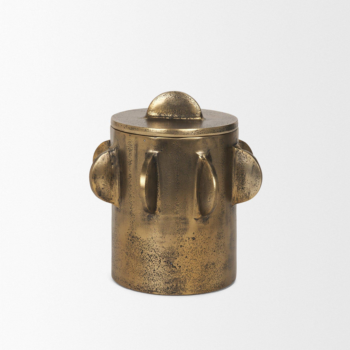 Mercana Deacon Small Antiqued Gold Metal Canister with Sculptural Handles