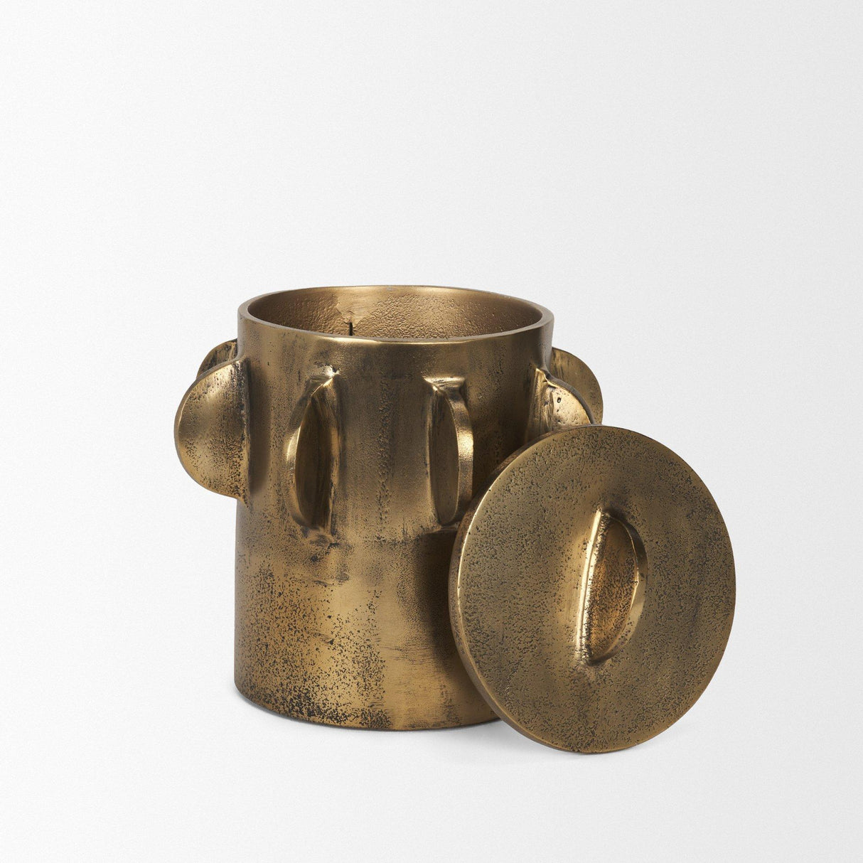 Mercana Deacon Small Antiqued Gold Metal Canister with Sculptural Handles