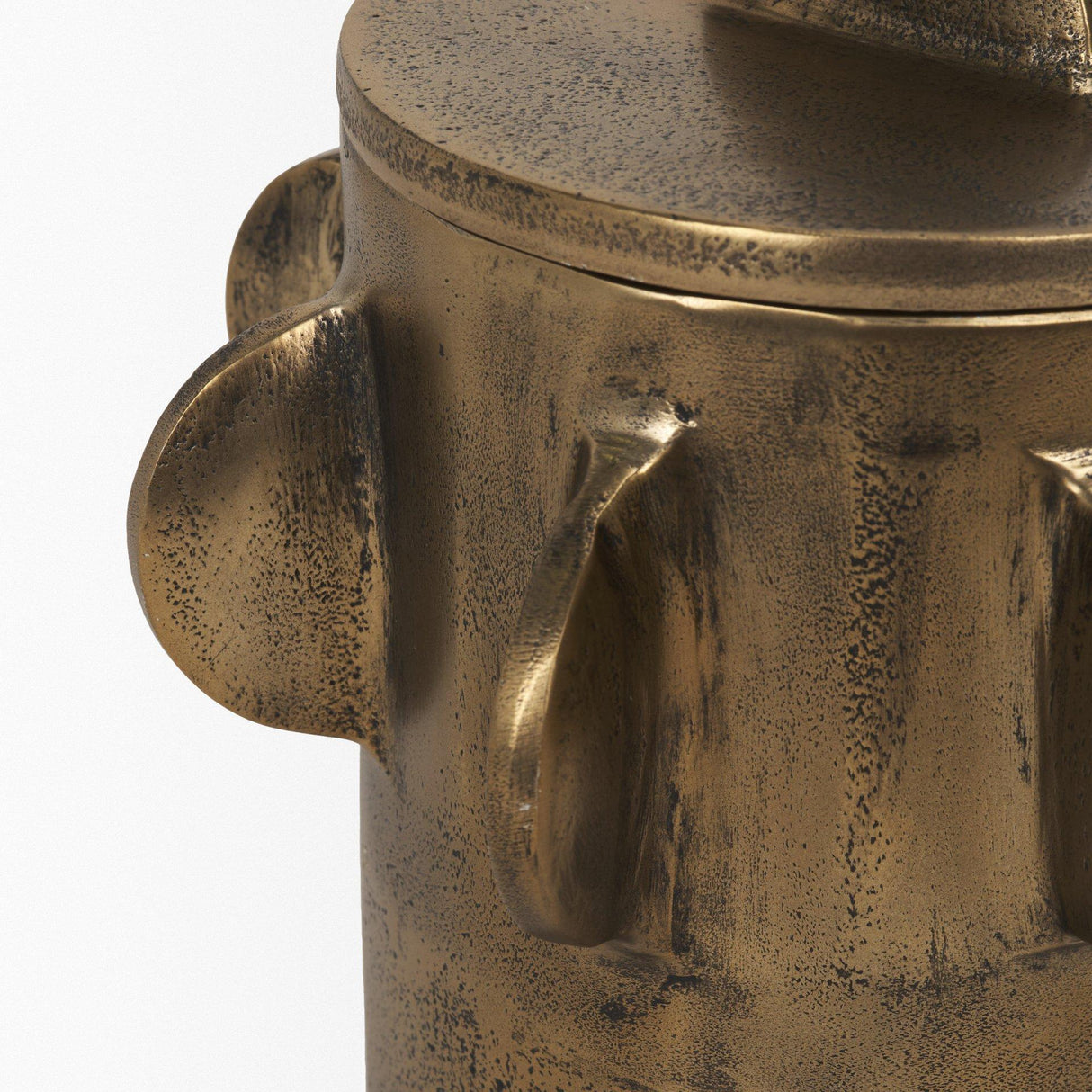 Mercana Deacon Small Antiqued Gold Metal Canister with Sculptural Handles