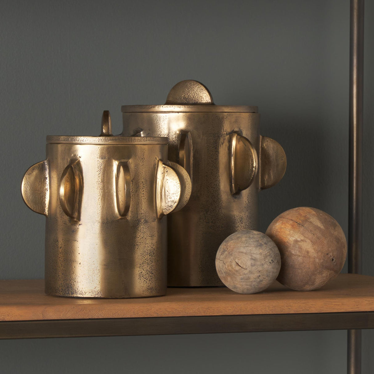 Mercana Deacon Large Antiqued Gold Metal Canister with Sculptural Handles