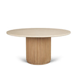 Mercana Marbrello 60" Botticino Marble Top Light Brown Fluted Wood Round Dining Table