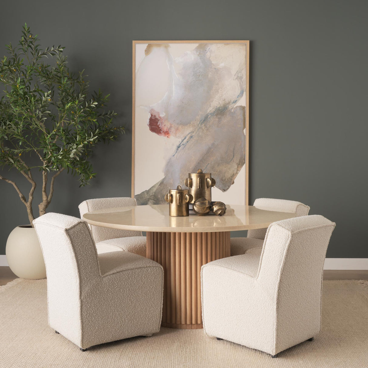 Mercana Marbrello 60" Botticino Marble Top Light Brown Fluted Wood Round Dining Table
