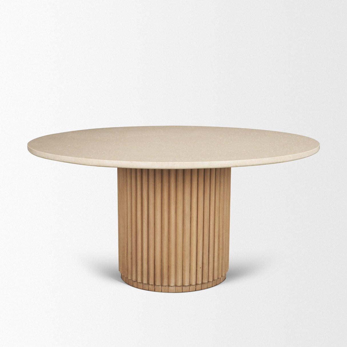 Mercana Marbrello 60" Botticino Marble Top Light Brown Fluted Wood Round Dining Table