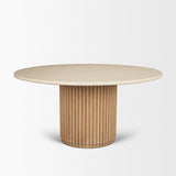 Mercana Marbrello 60" Botticino Marble Top Light Brown Fluted Wood Round Dining Table