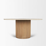 Mercana Marbrello 60" Botticino Marble Top Light Brown Fluted Wood Round Dining Table