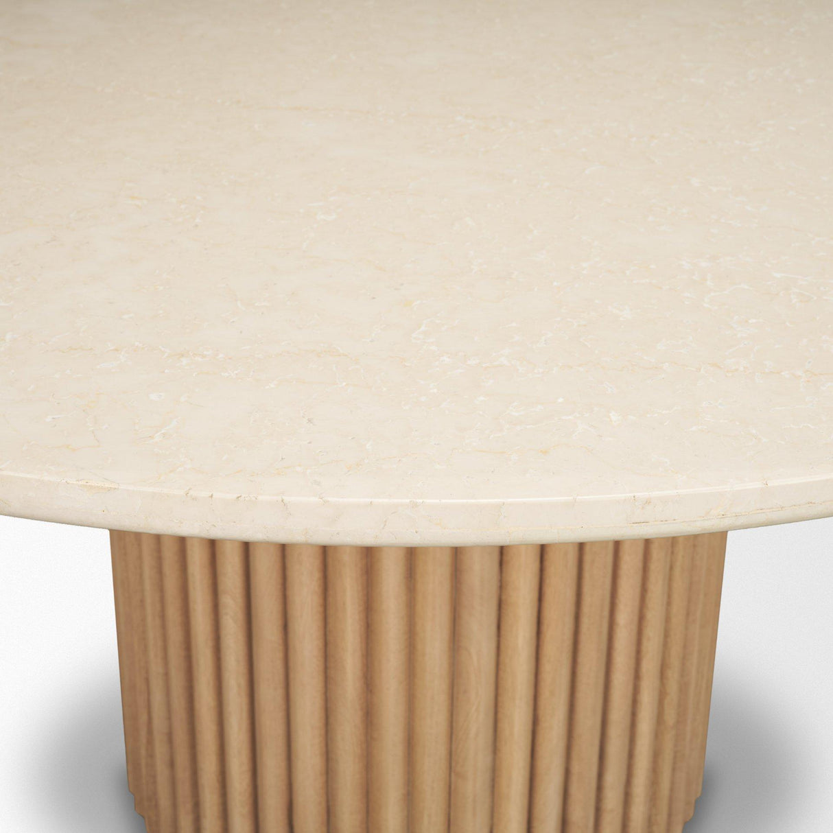 Mercana Marbrello 60" Botticino Marble Top Light Brown Fluted Wood Round Dining Table
