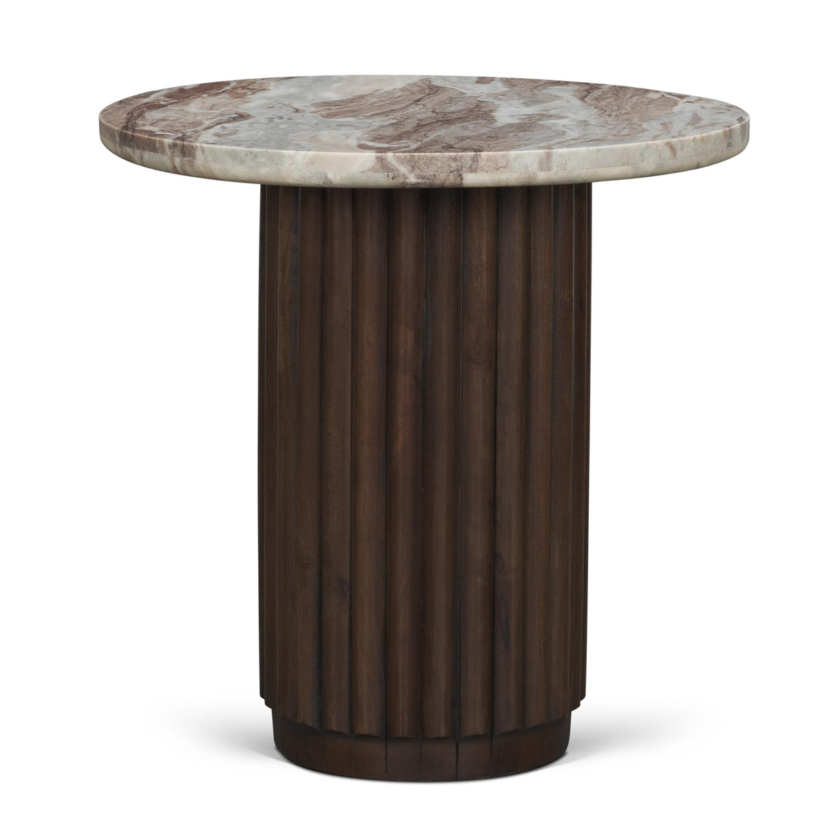 Mercana Marbrello Pink Marble Top Espresso Brown Fluted Wood Round Side Table