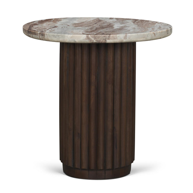 Mercana Marbrello Pink Marble Top Espresso Brown Fluted Wood Round Side Table