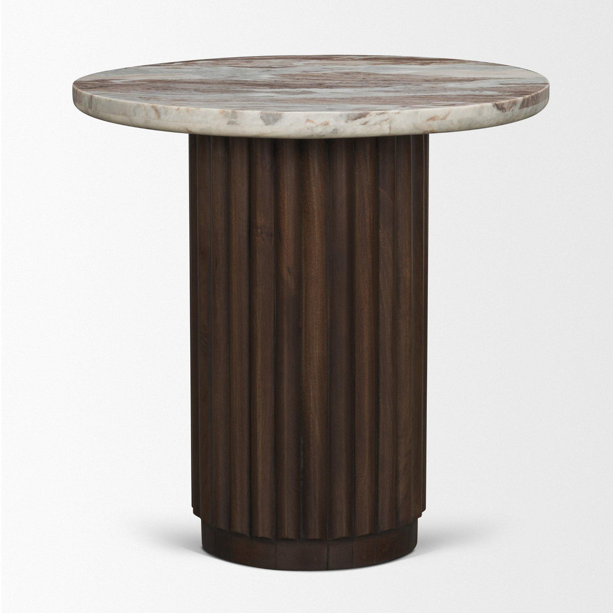 Mercana Marbrello Pink Marble Top Espresso Brown Fluted Wood Round Side Table