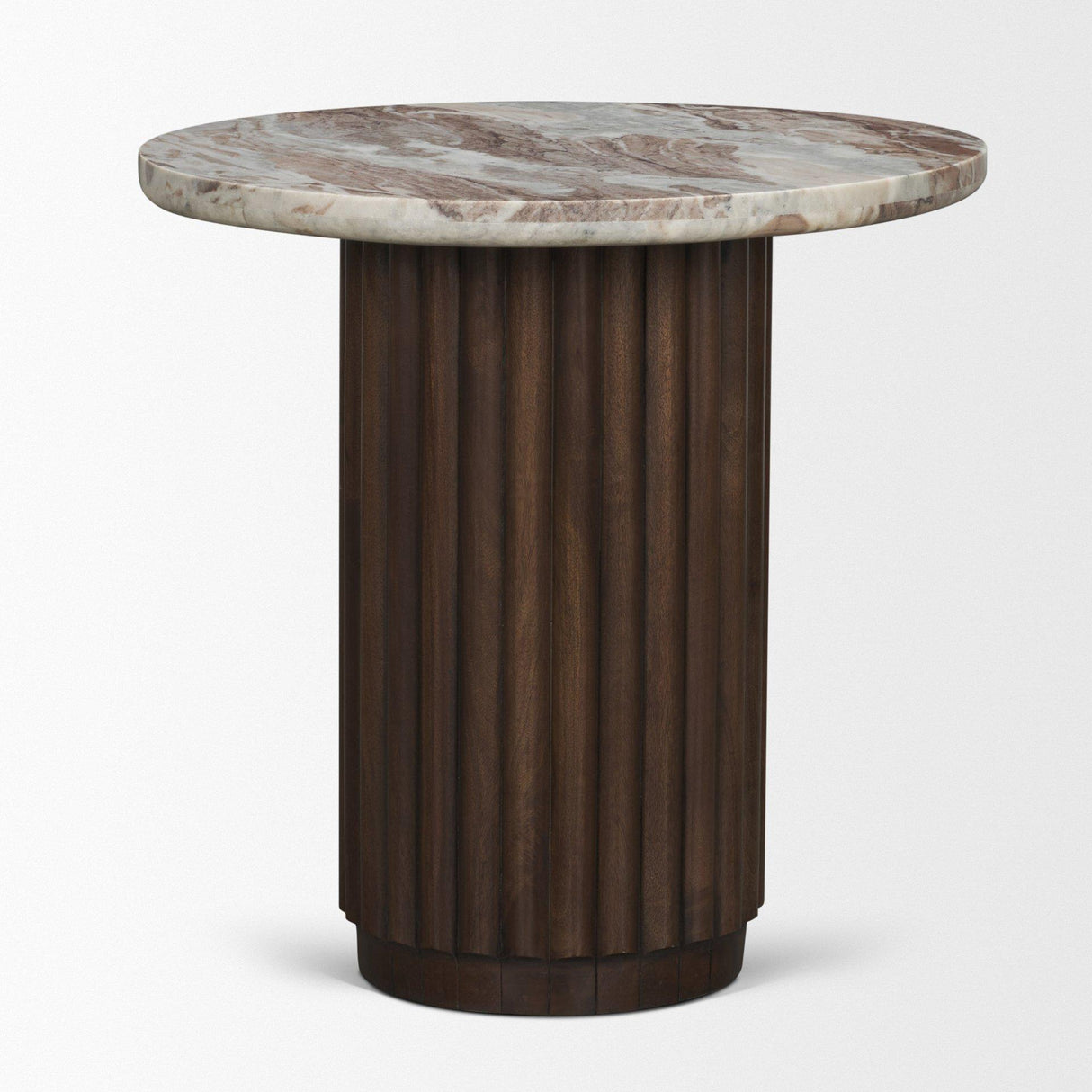 Mercana Marbrello Pink Marble Top Espresso Brown Fluted Wood Round Side Table