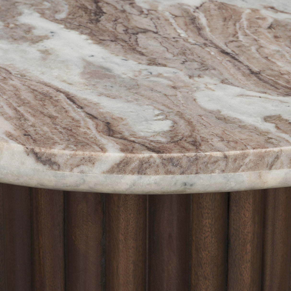 Mercana Marbrello Pink Marble Top Espresso Brown Fluted Wood Round Side Table