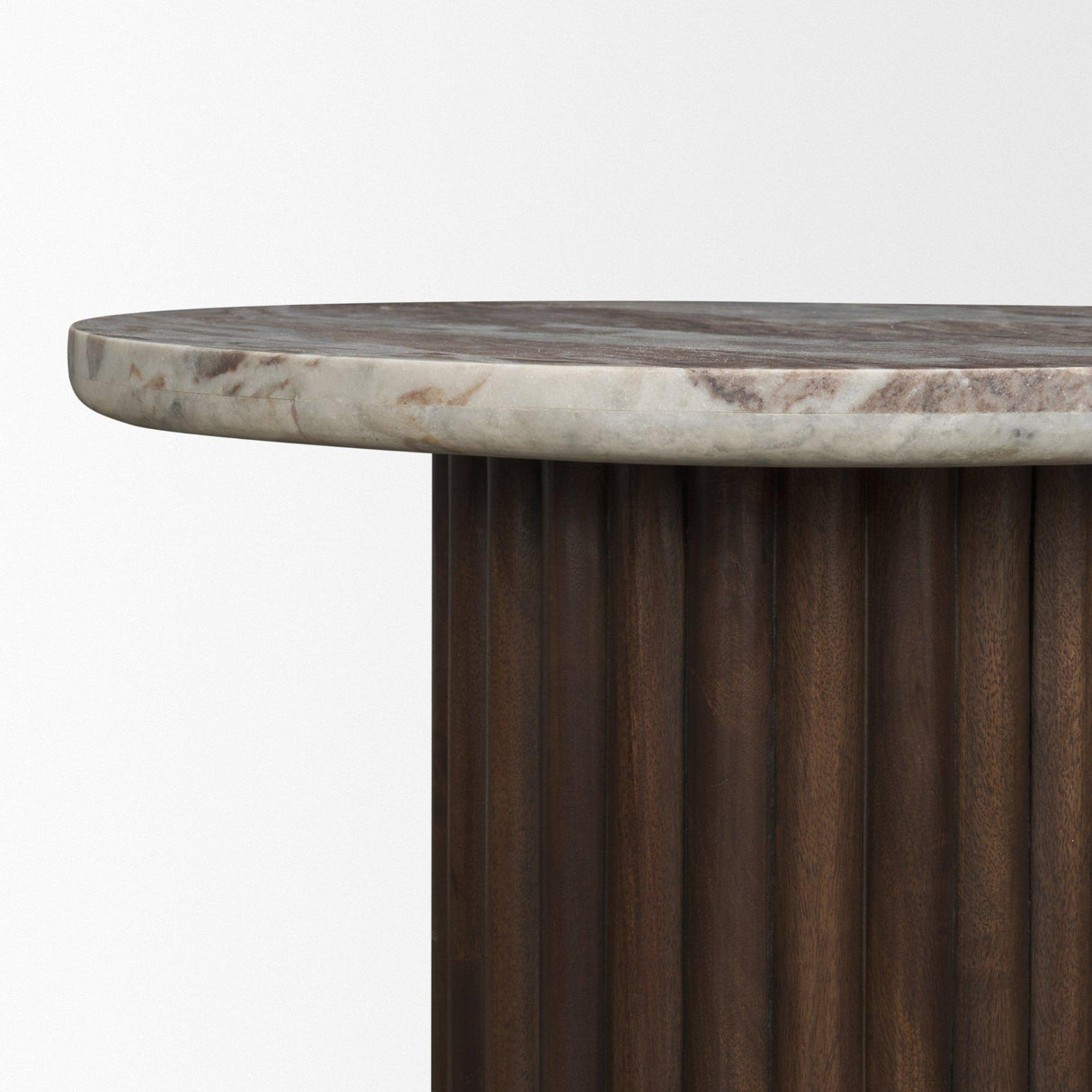 Mercana Marbrello Pink Marble Top Espresso Brown Fluted Wood Round Side Table
