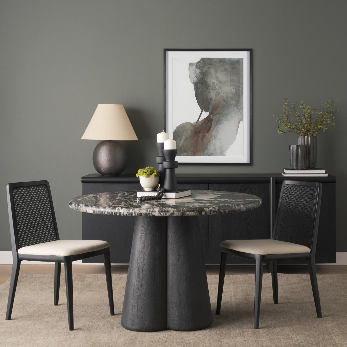 Mercana Marilyn Black Forest Marble Black Wood Pedestal Round Dining Table