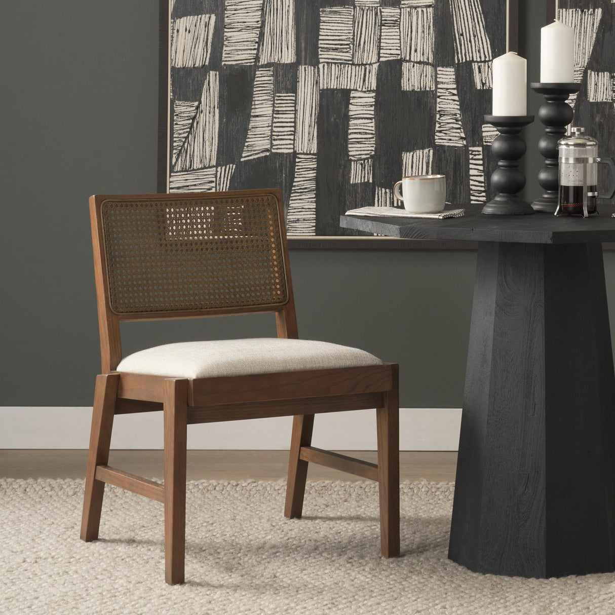 Mercana Reid Framed Brown Cane Cream Fabric Dining Chair