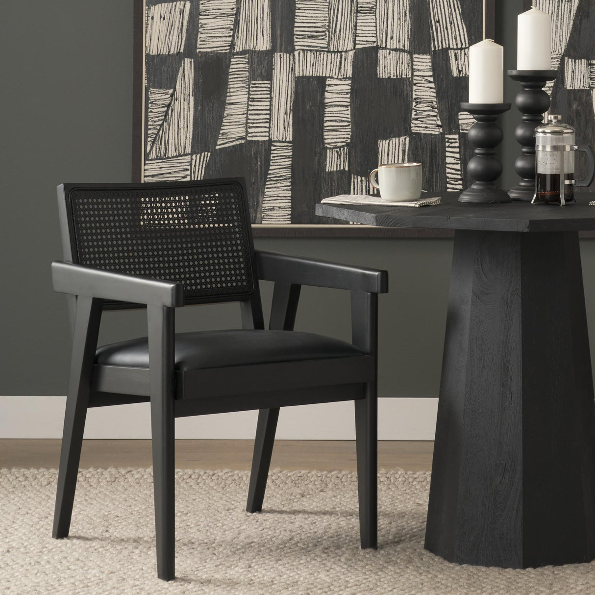 Mercana Reid Framed Black Cane Black Fabric Dining Armchair