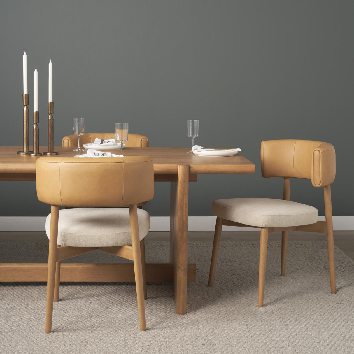 Mercana Motley Curved Open Back Cream Fabric and Tan Leather Dining Chair