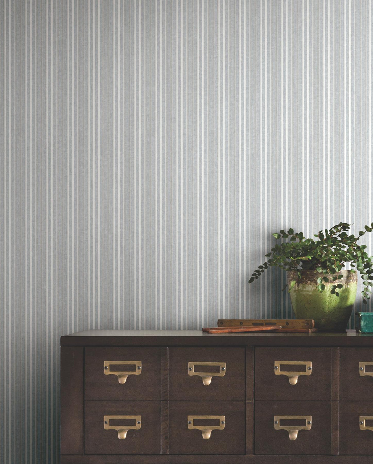 Ronald Redding Designs Ticking Stripe Blue Faux Linen Wallpaper