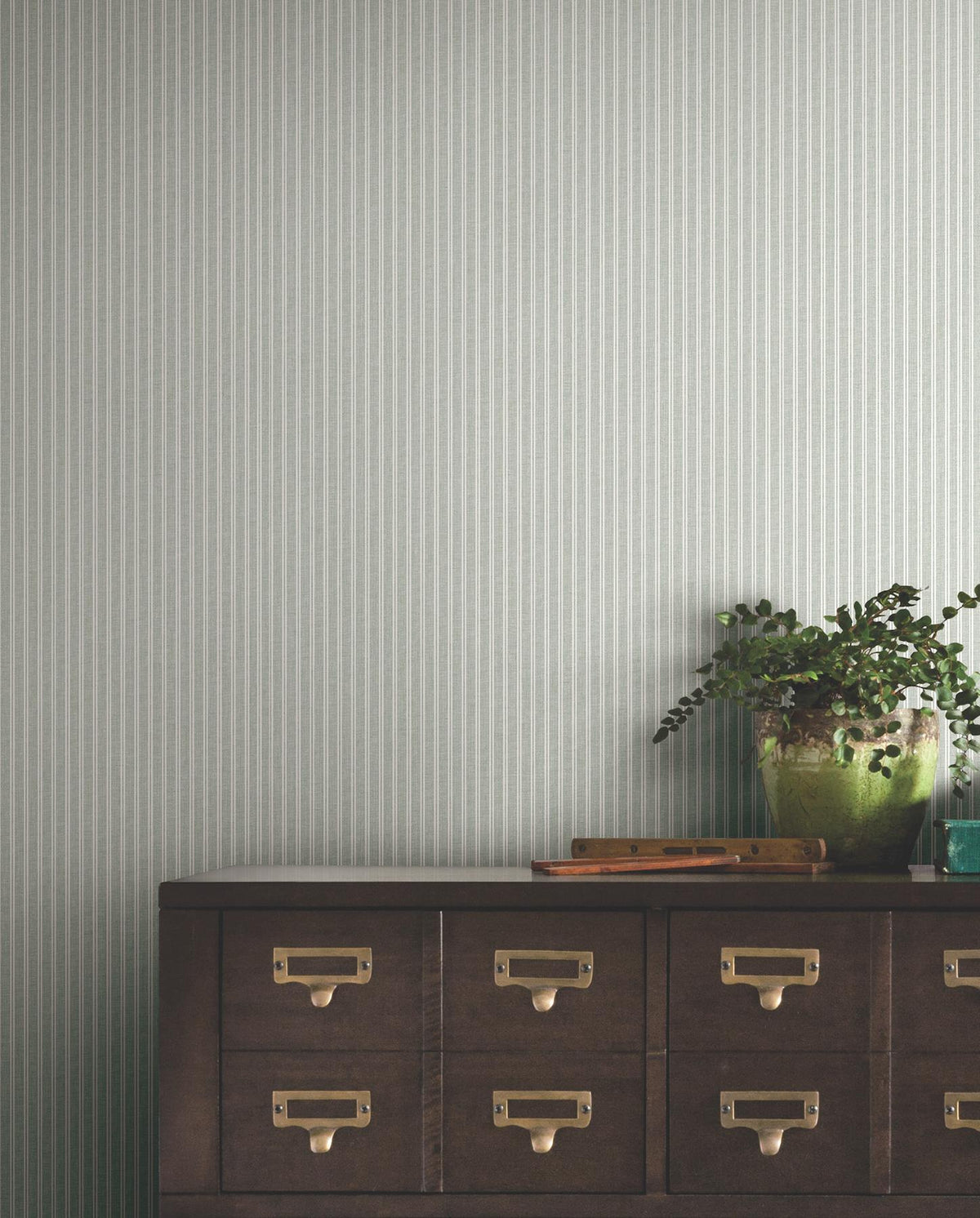 Ronald Redding Designs Ticking Stripe Sage Faux Linen Wallpaper