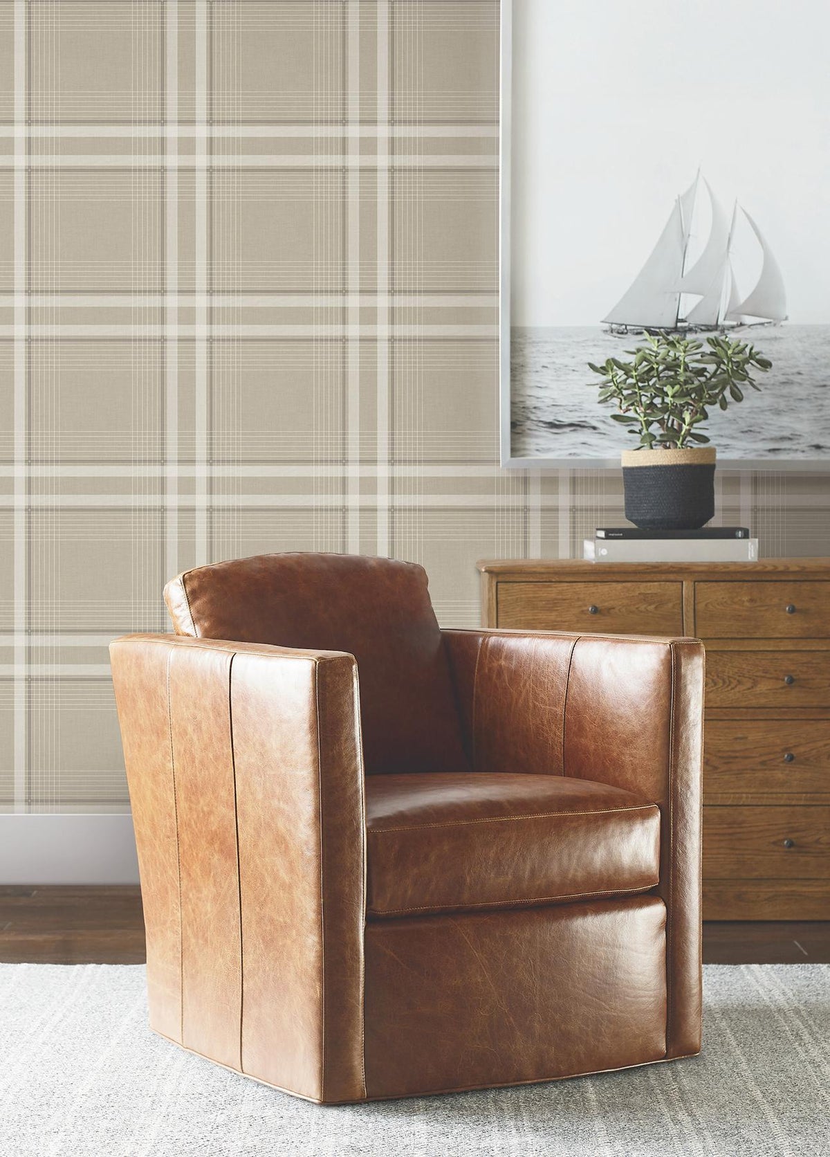 Ronald Redding Designs Country Club Plaid Taupe Faux Linen Wallpaper