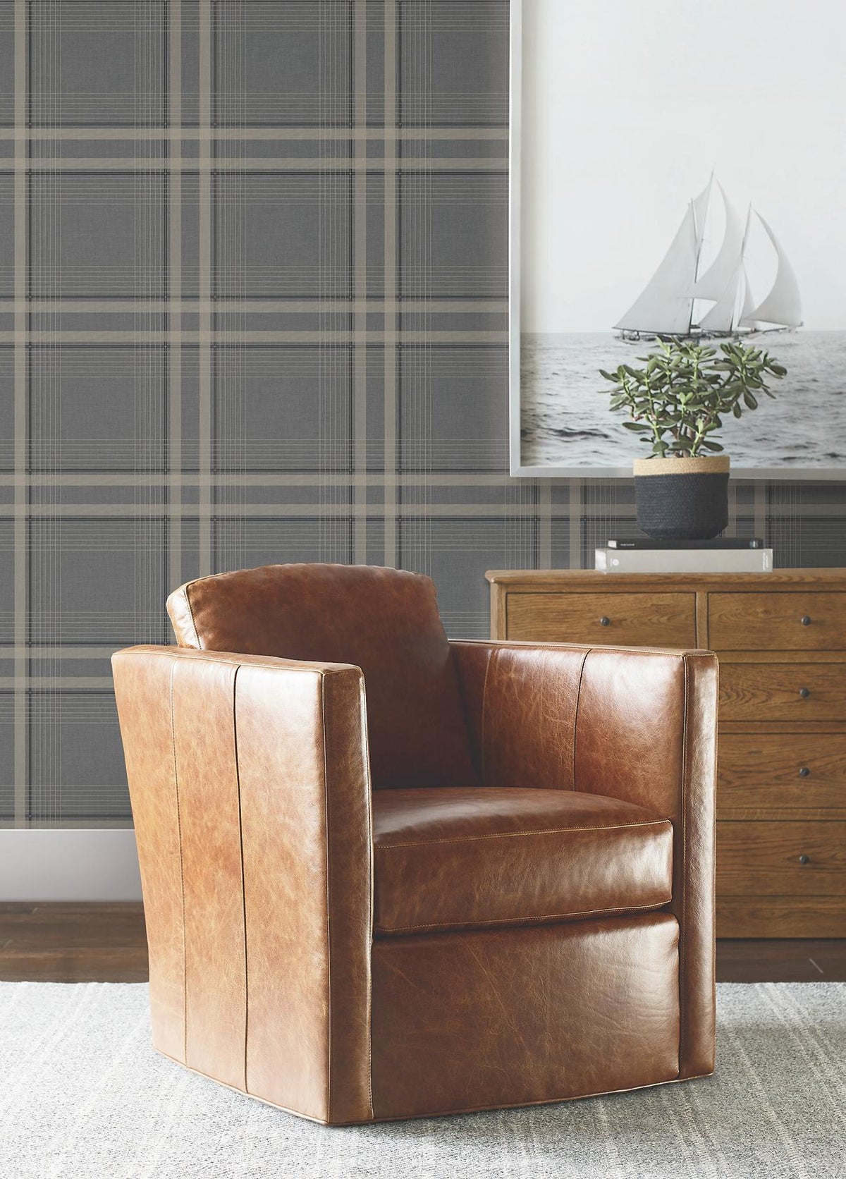 Ronald Redding Designs Country Club Plaid Charcoal Faux Linen Wallpaper