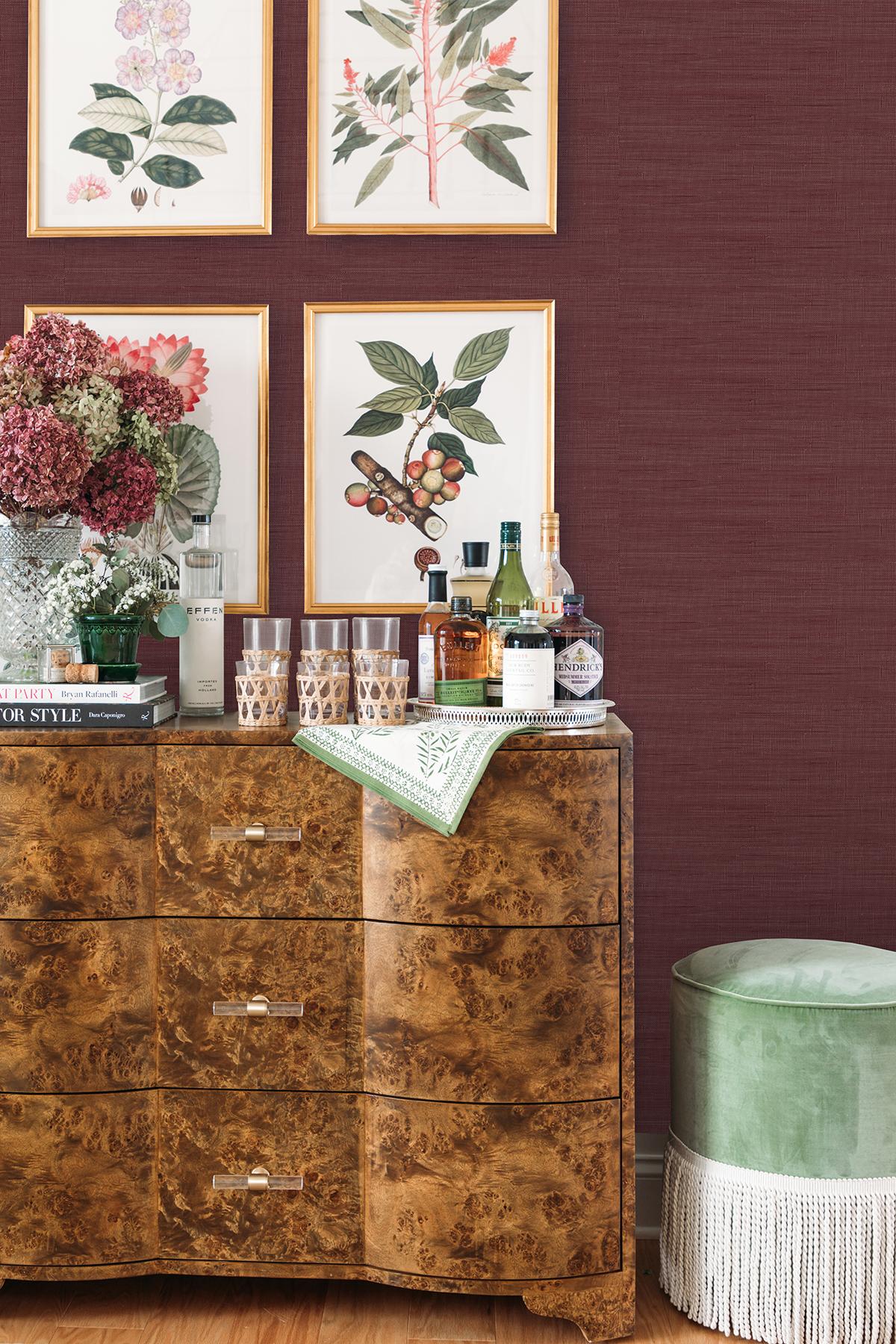 York Aubergine Classic Faux Grasscloth Peel & Stick Wallpaper