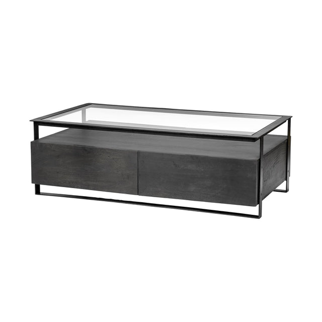 Mercana Vidro 54x30 Rectangular Glass Top Black Solid Wood Drawers & Black Frame Coffee Table