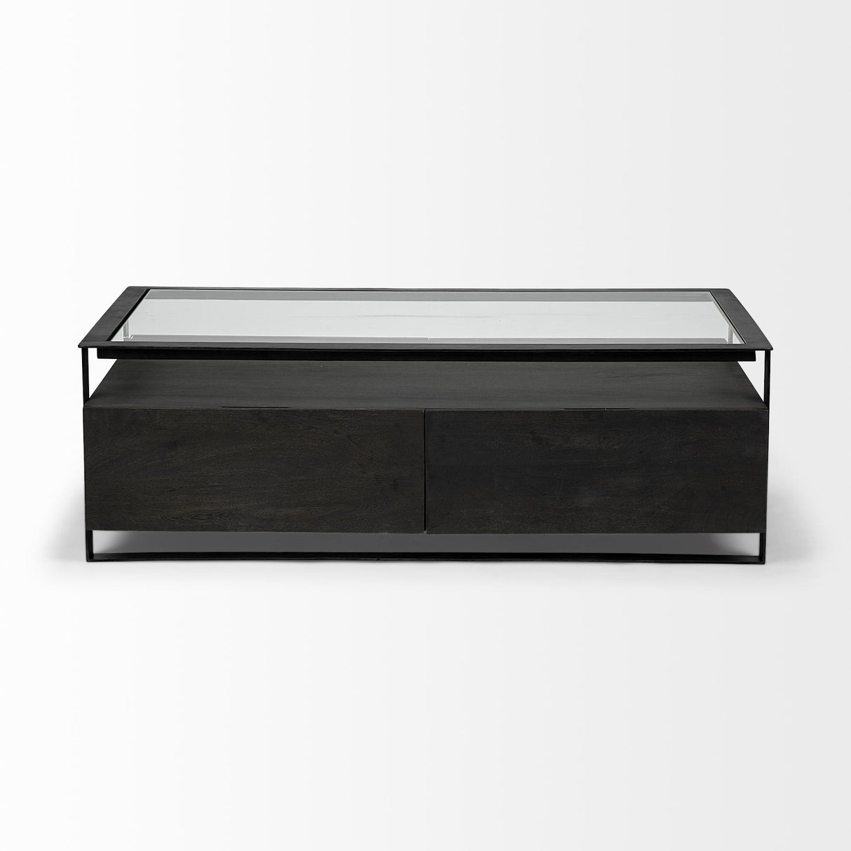 Mercana Vidro 54x30 Rectangular Glass Top Black Solid Wood Drawers & Black Frame Coffee Table