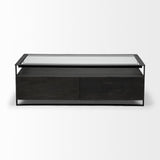 Mercana Vidro 54x30 Rectangular Glass Top Black Solid Wood Drawers & Black Frame Coffee Table