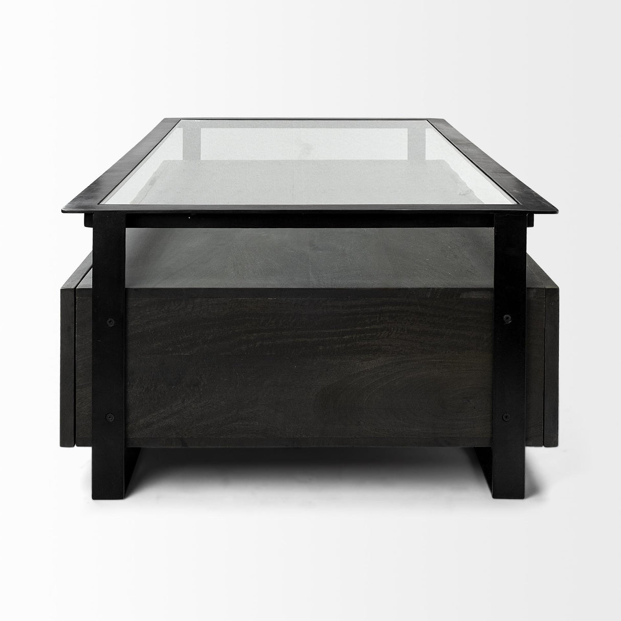 Mercana Vidro 54x30 Rectangular Glass Top Black Solid Wood Drawers & Black Frame Coffee Table