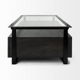 Mercana Vidro 54x30 Rectangular Glass Top Black Solid Wood Drawers & Black Frame Coffee Table