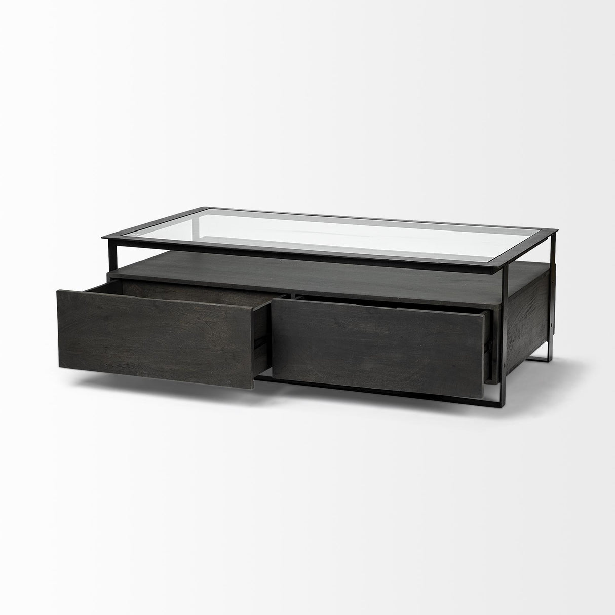 Mercana Vidro 54x30 Rectangular Glass Top Black Solid Wood Drawers & Black Frame Coffee Table