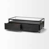 Mercana Vidro 54x30 Rectangular Glass Top Black Solid Wood Drawers & Black Frame Coffee Table
