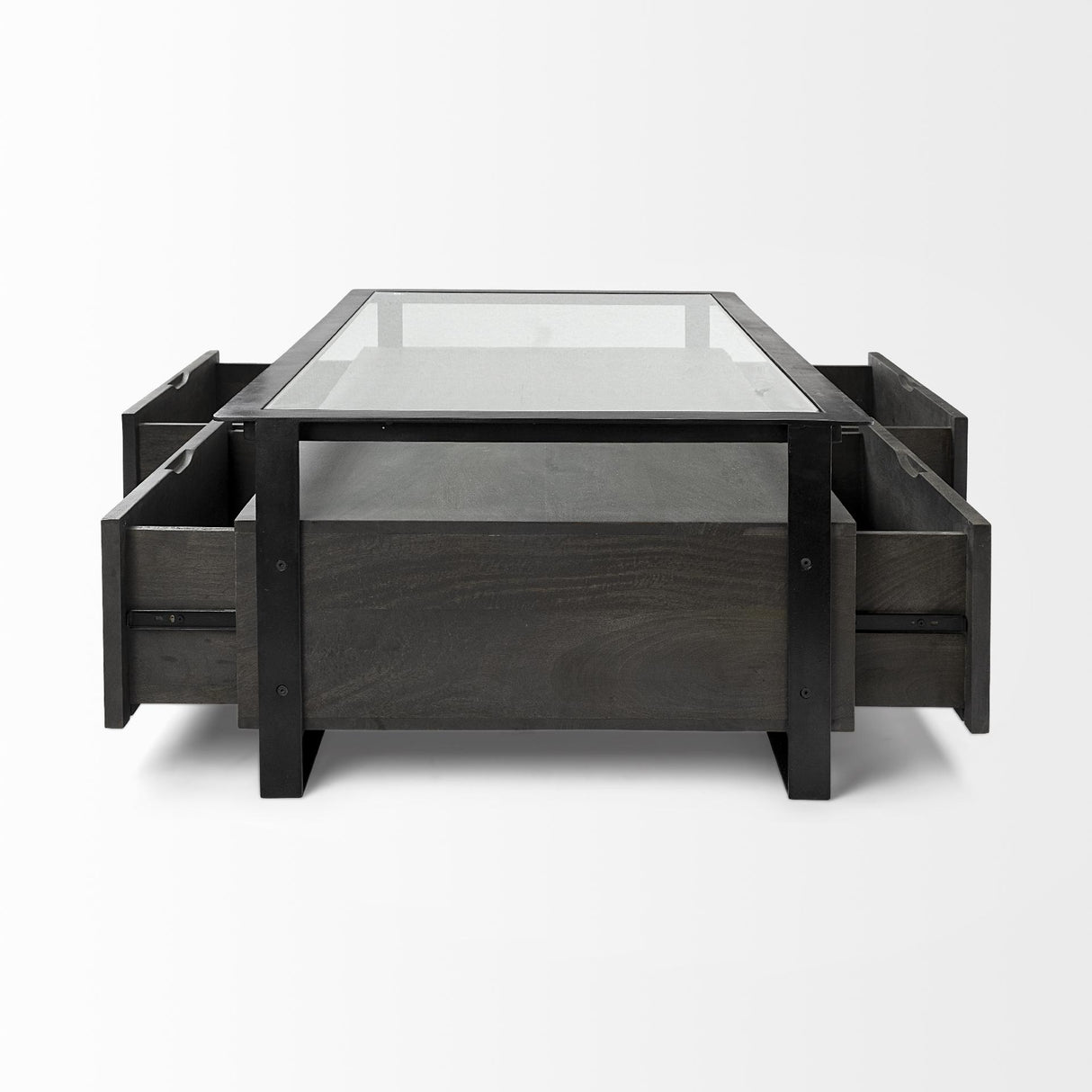 Mercana Vidro 54x30 Rectangular Glass Top Black Solid Wood Drawers & Black Frame Coffee Table
