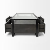 Mercana Vidro 54x30 Rectangular Glass Top Black Solid Wood Drawers & Black Frame Coffee Table